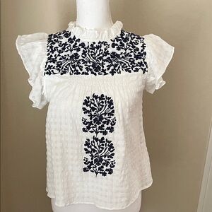 THML White and NavyEmbroidered Women's Top